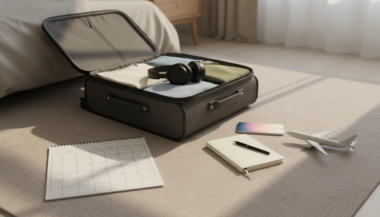 An open suitcase with headphones, a notebook, phone, calendar, and small airplane arranged for pre-flight practice.