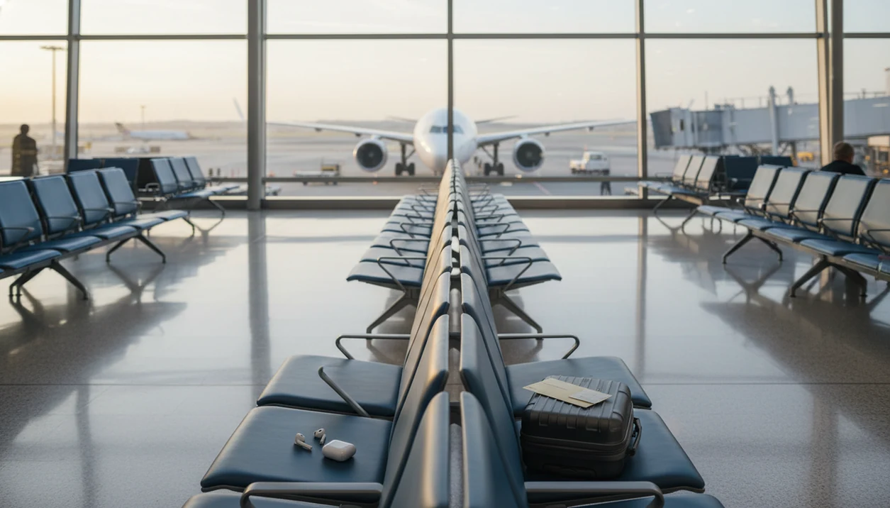 A quiet airport gate with carry-on, earbuds, and a blurred aircraft beyond the windows.