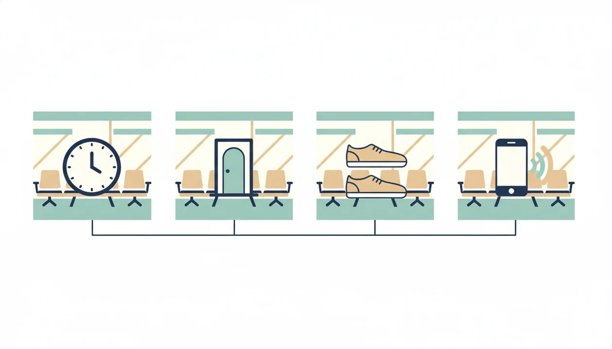 A simple illustrated sequence of clock, bathroom, grounding, and audio steps for gate anxiety.