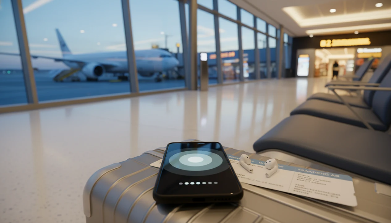 A phone with calming visuals rests on luggage at a quiet airport gate before boarding.