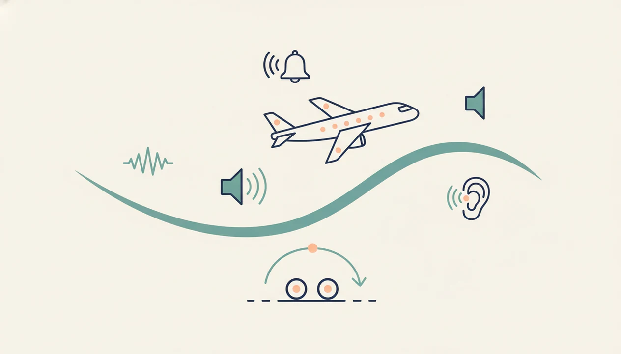 A simple diagram shows a plane descending with icons for common landing sensations and triggers.