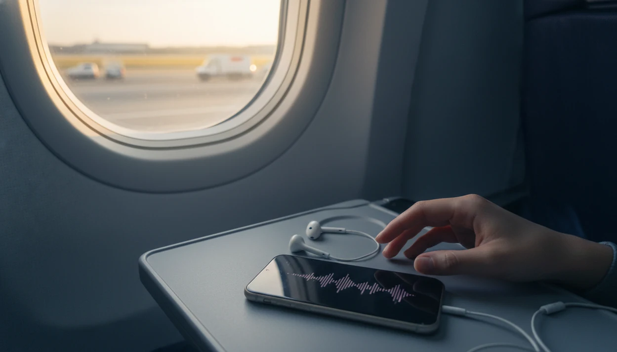 A phone and earbuds rest by an airplane window as the aircraft begins takeoff.