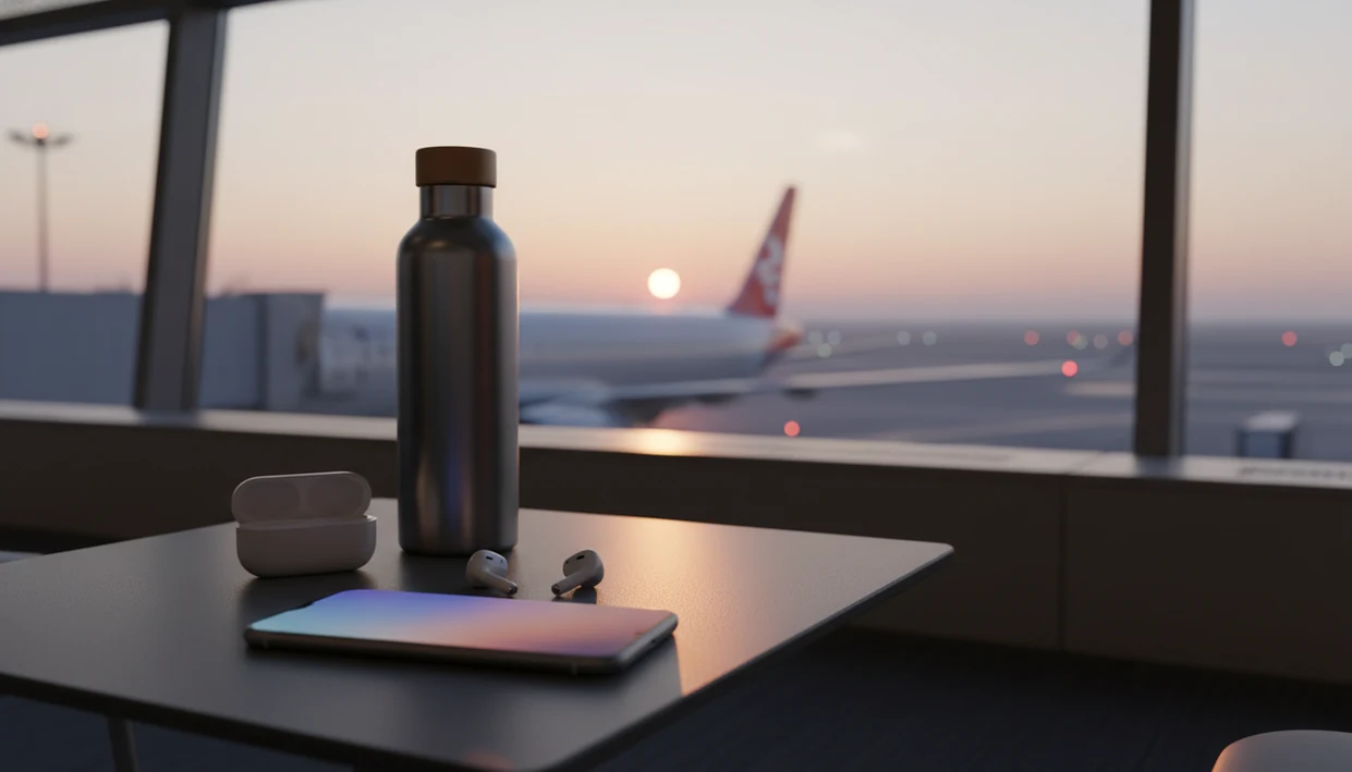 A calm airport table scene shows a phone, earbuds, and runway view suggesting app-based support before flying.