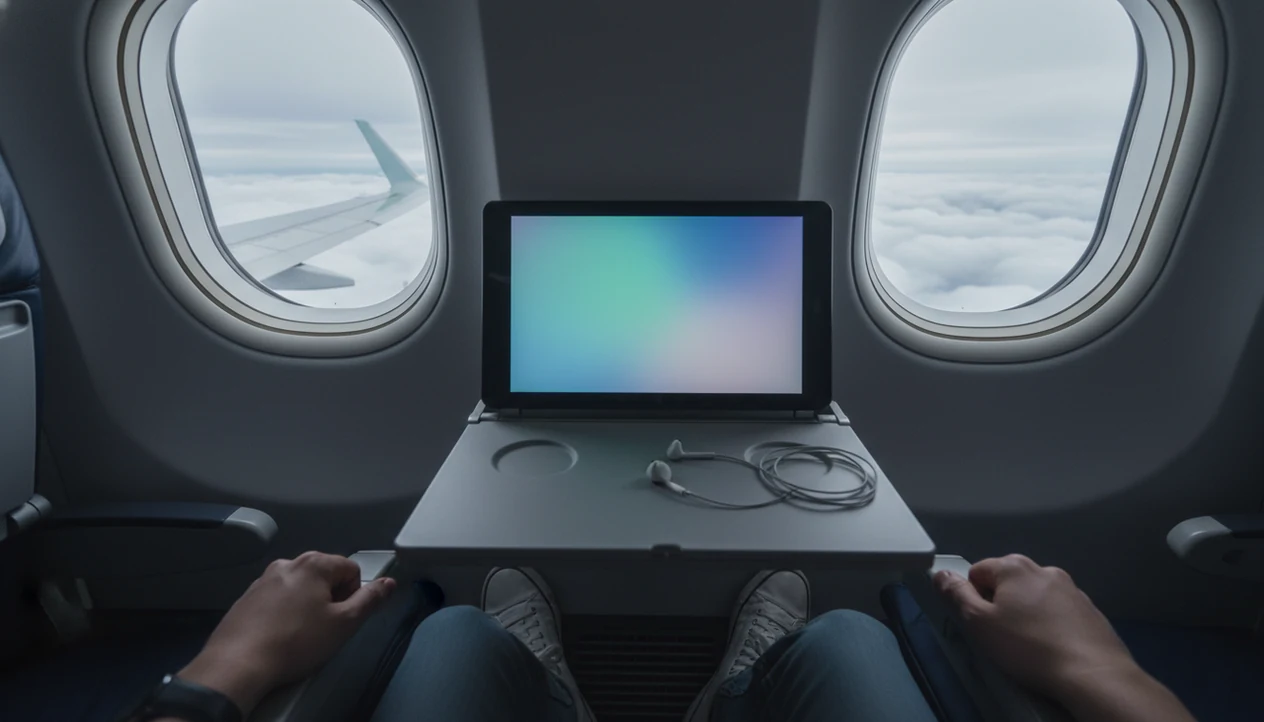 A phone and earbuds sit on an airplane tray table while a cloudy wing view suggests turbulence.