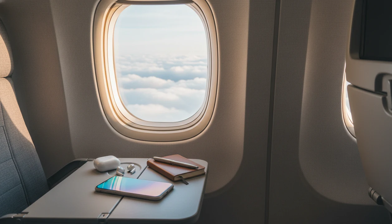 A phone and earbuds rest on an airplane tray table beside a bright window above clouds.