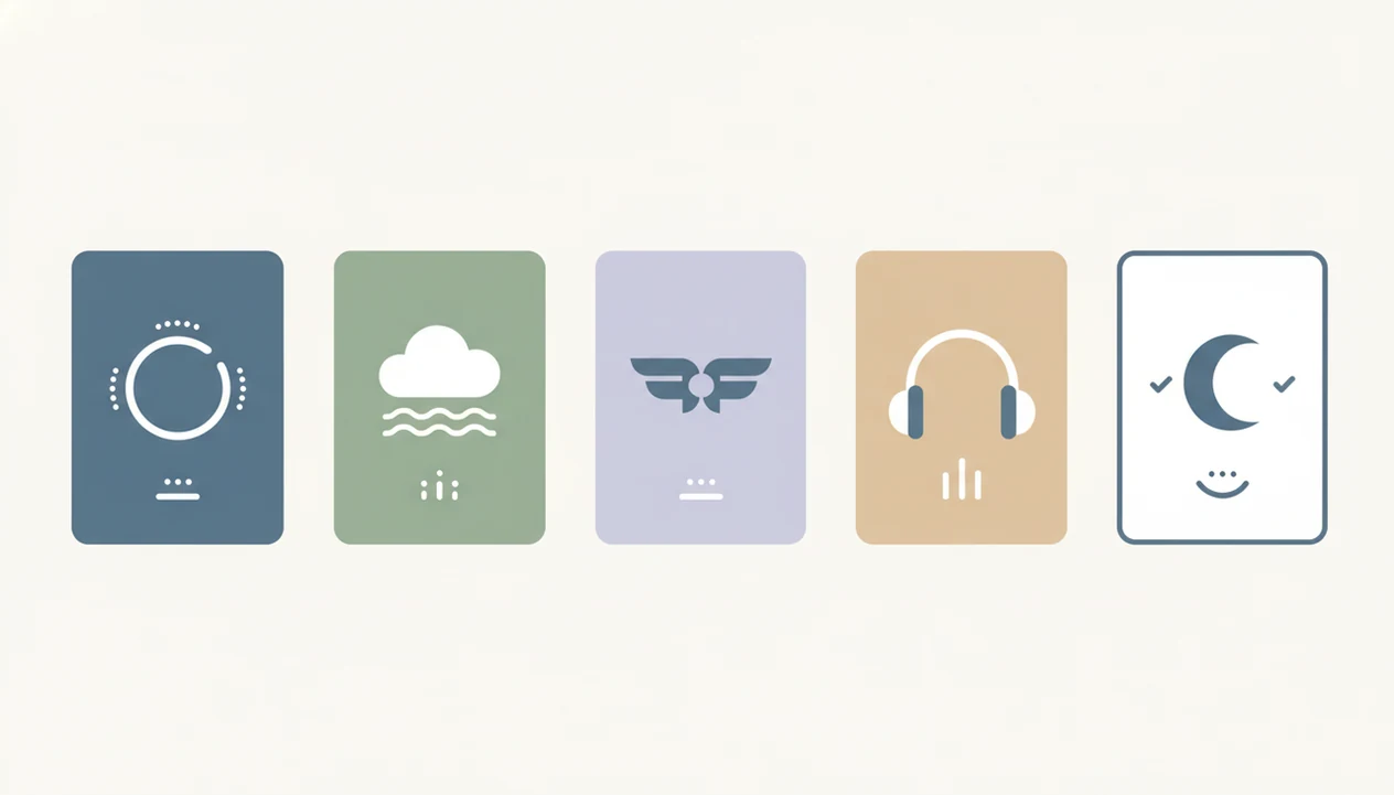 Five abstract app cards use calming icons to compare flight anxiety support options.