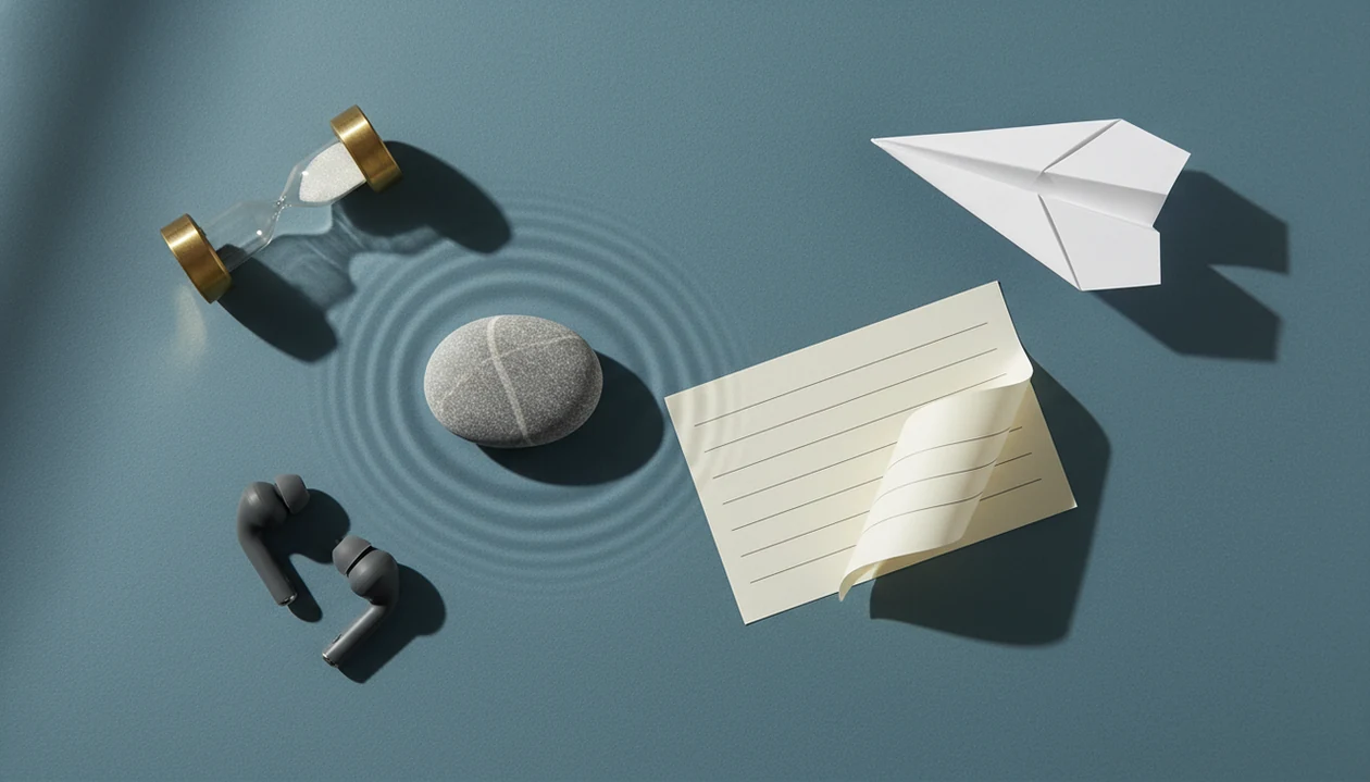A stone, earbuds, hourglass, and paper airplane symbolize calming tools for fear of flying.