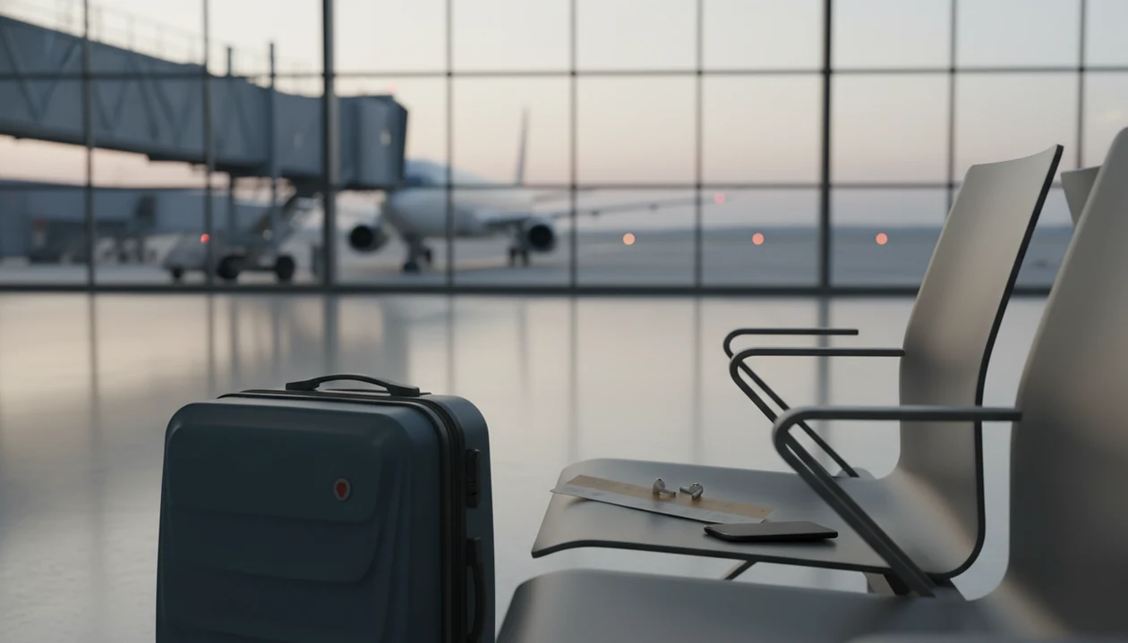 A calm airport gate scene with a carry-on, earbuds, and a jet bridge softly visible in the background.