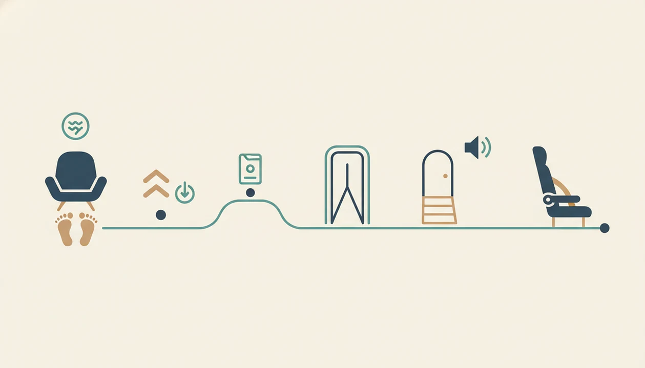 A simple visual sequence shows gate, line, jet bridge, aircraft door, and seat stages for boarding anxiety.