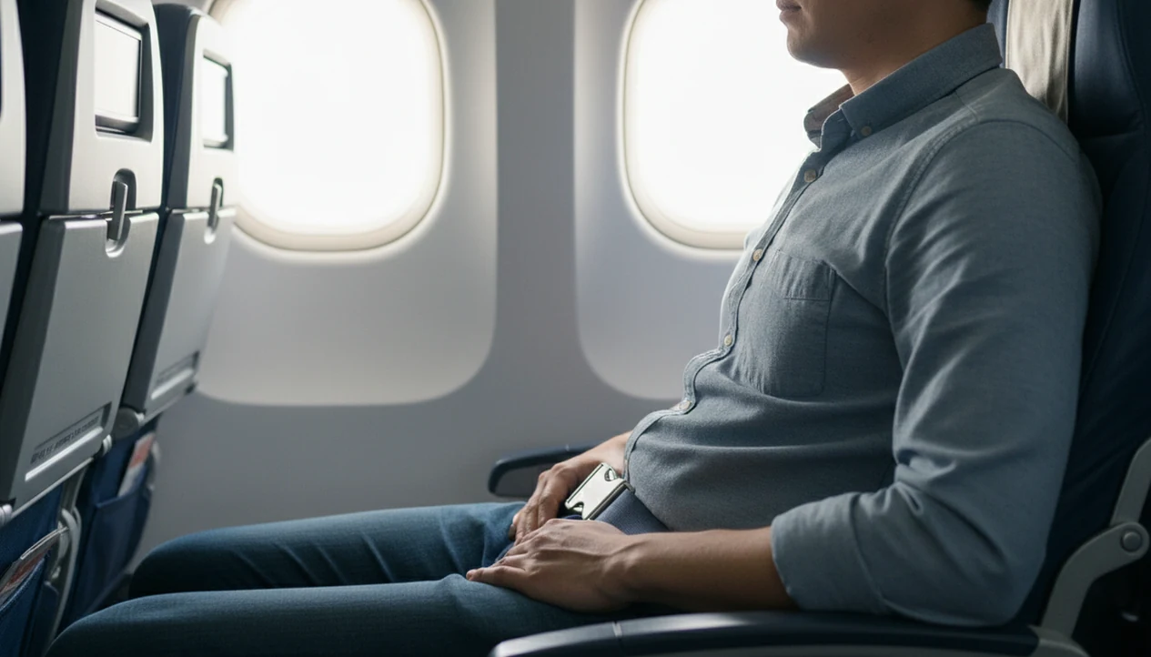 A seated airplane passenger rests their hands on their belly and lap while practicing calm breathing.