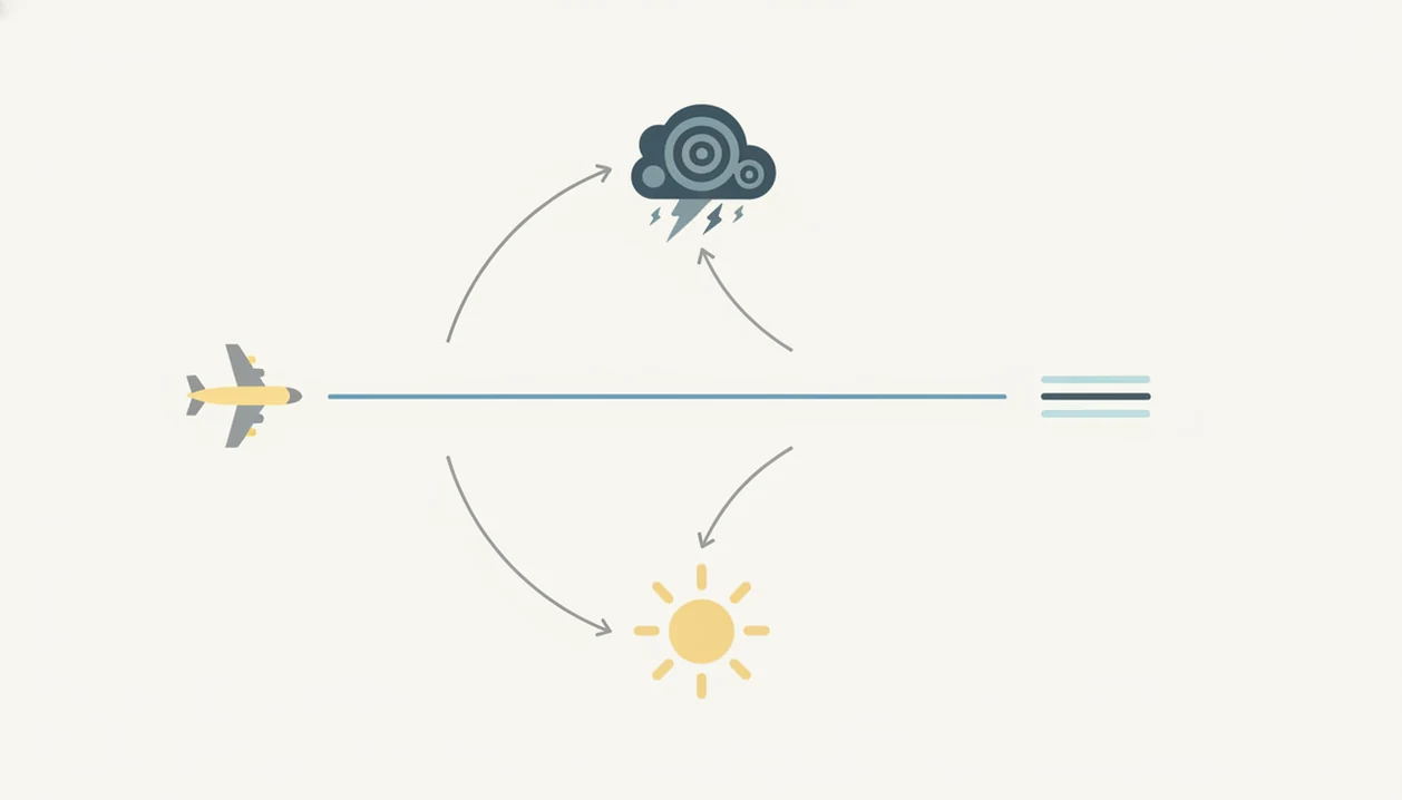 A simple branching diagram shows an airplane path splitting into possible outcomes and a calmer central route.