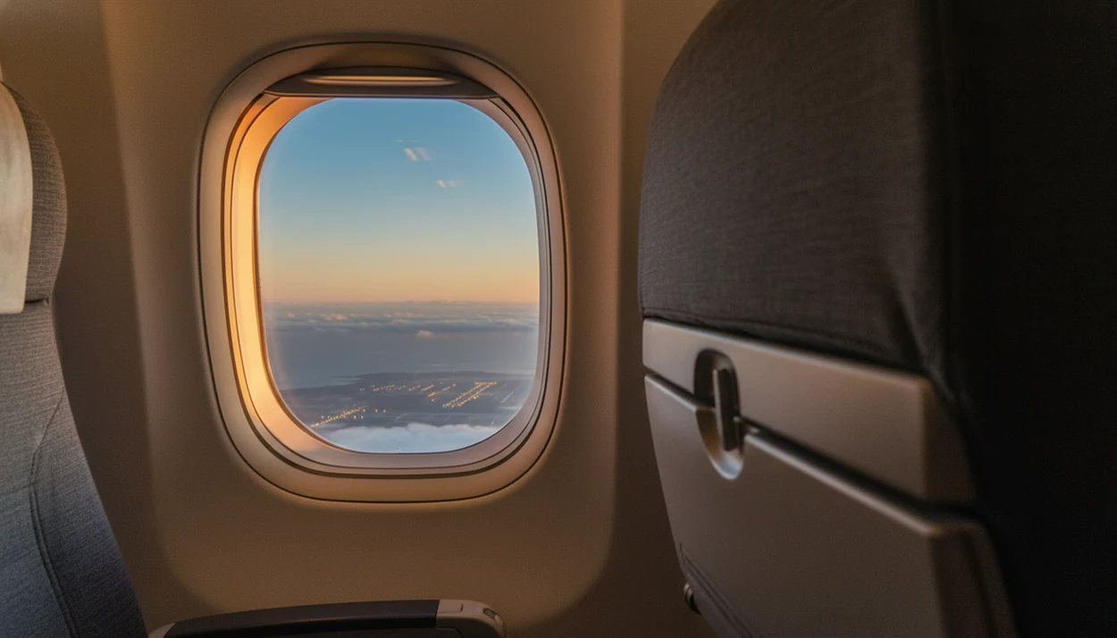 A calm airplane window view during descent shows land and clouds below in warm afternoon light.