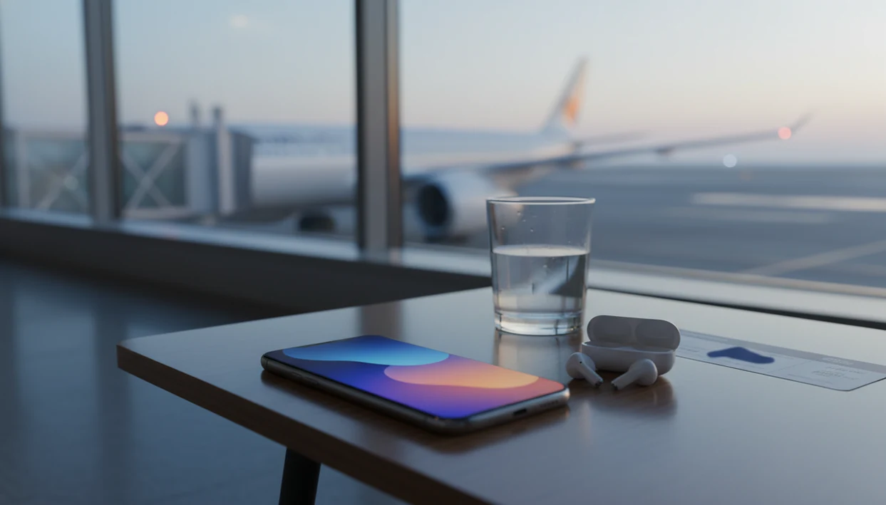 A phone, earbuds, and boarding pass sit by an airport window with a plane softly blurred outside.