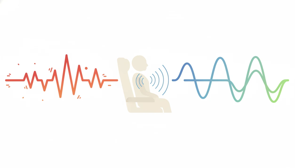 A simple diagram shows anxious waves becoming calmer through steady breathing in an airplane seat.
