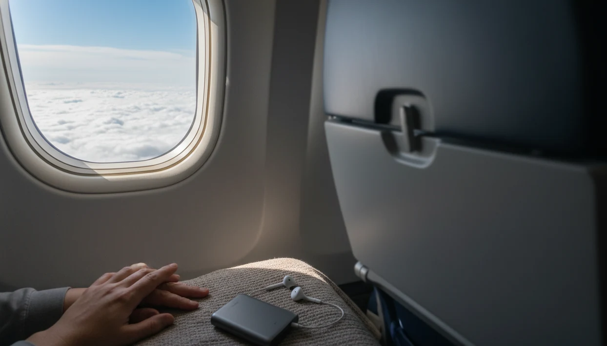 A calm airplane window-seat scene with earbuds and a relaxed hand suggesting in-flight meditation.