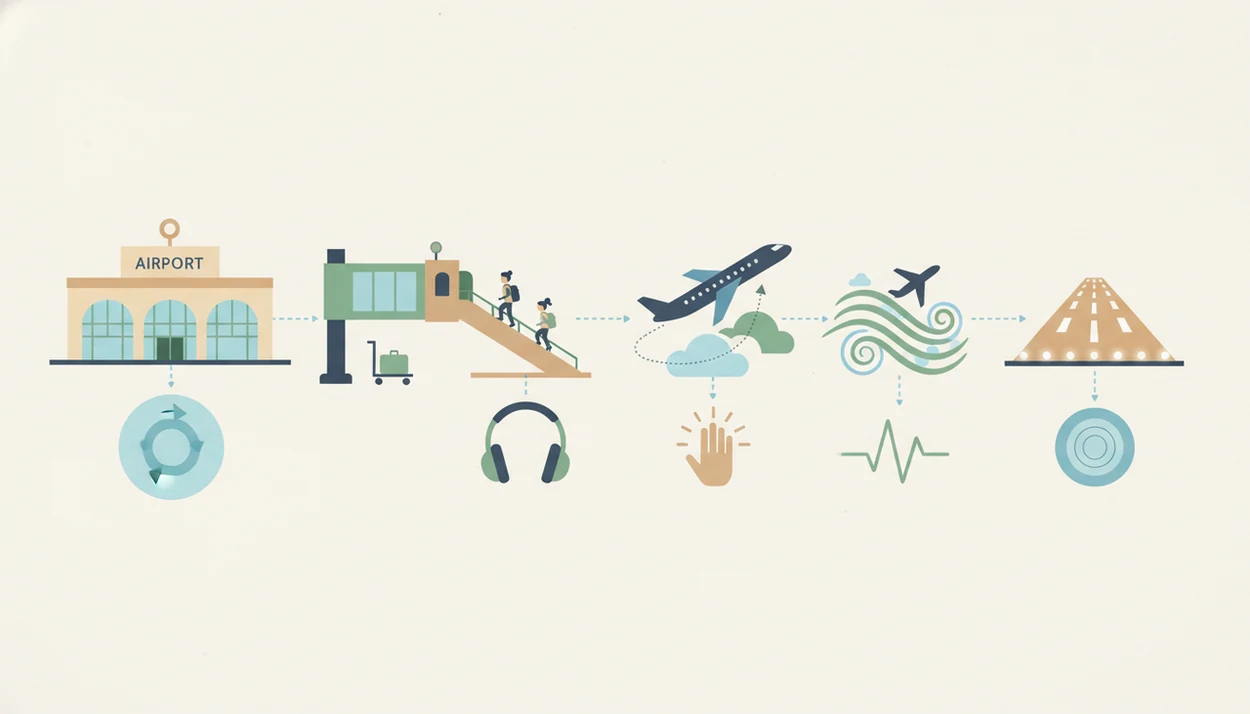 An illustrated flight timeline shows calming tools for airport, boarding, takeoff, turbulence, and landing.