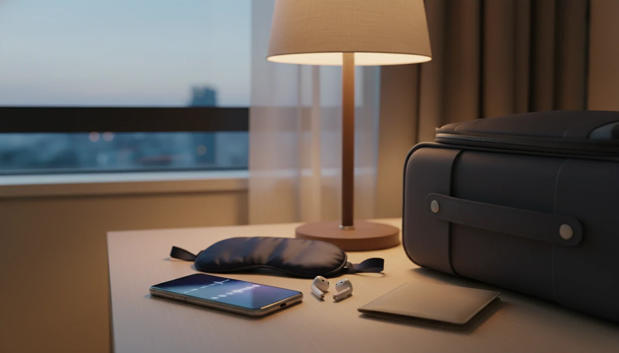 A phone, earbuds, eye mask, and carry-on sit ready on a bedside table before a flight.