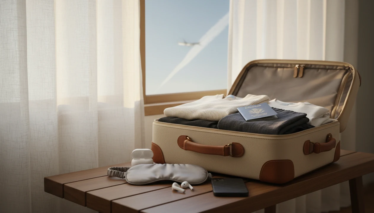 A calm pre-flight still life with luggage, earbuds, passport, and morning light by a window.