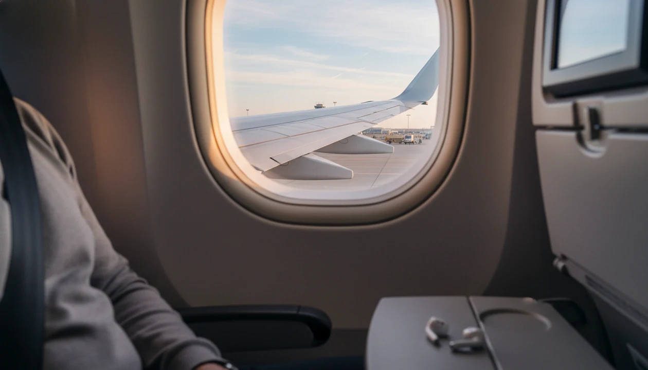 A calm airplane window view shows a wing, runway, fastened seat belt, and earbuds before takeoff.