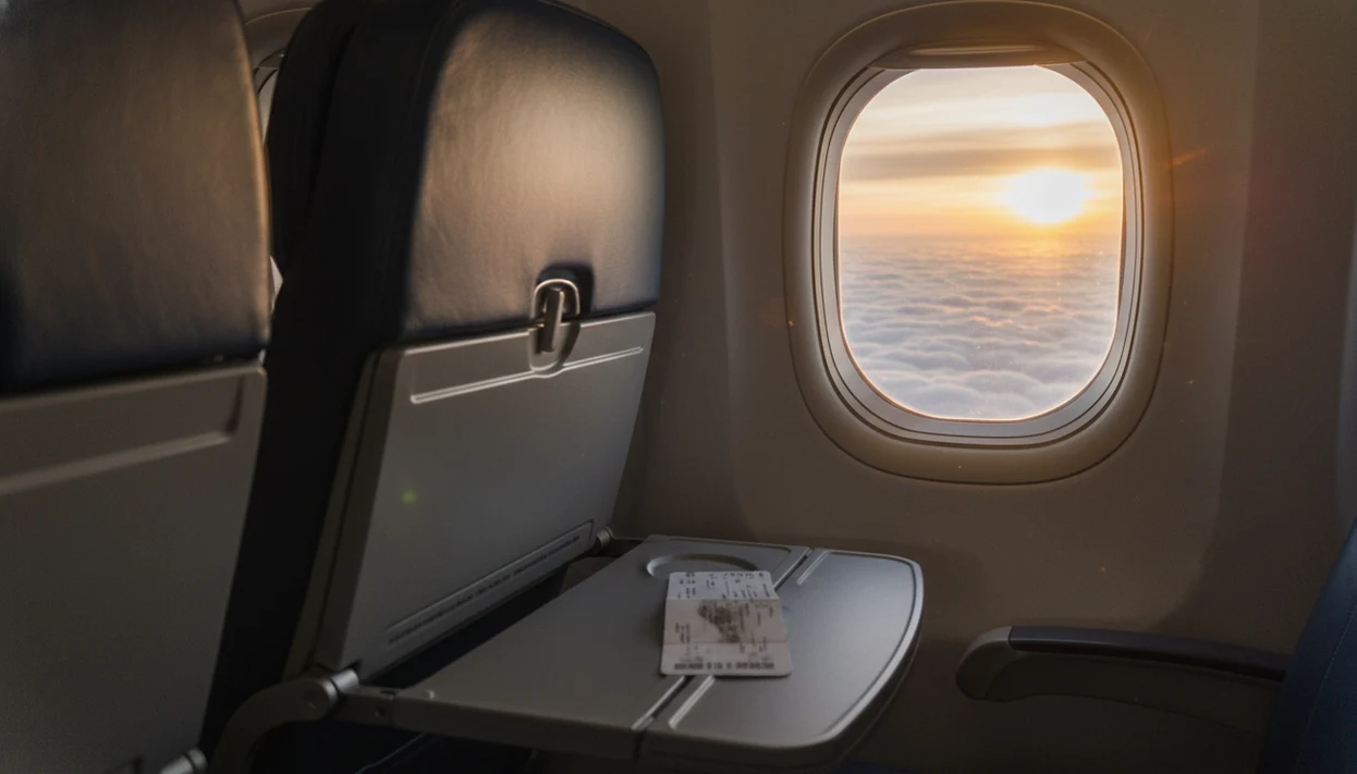 An empty airplane seat beside a calm sunrise window view suggests rebuilding confidence after a bad flight.
