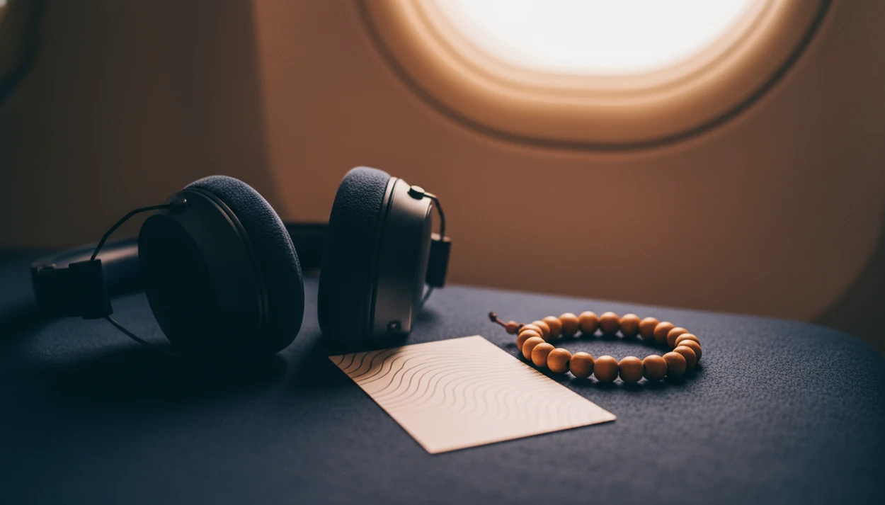 Headphones, a blank breathing card, and beads sit in soft cabin light near an airplane window.