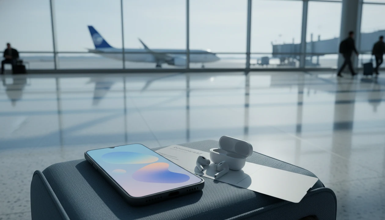 A phone, earbuds, and carry-on sit by an airport window with a plane softly visible outside.
