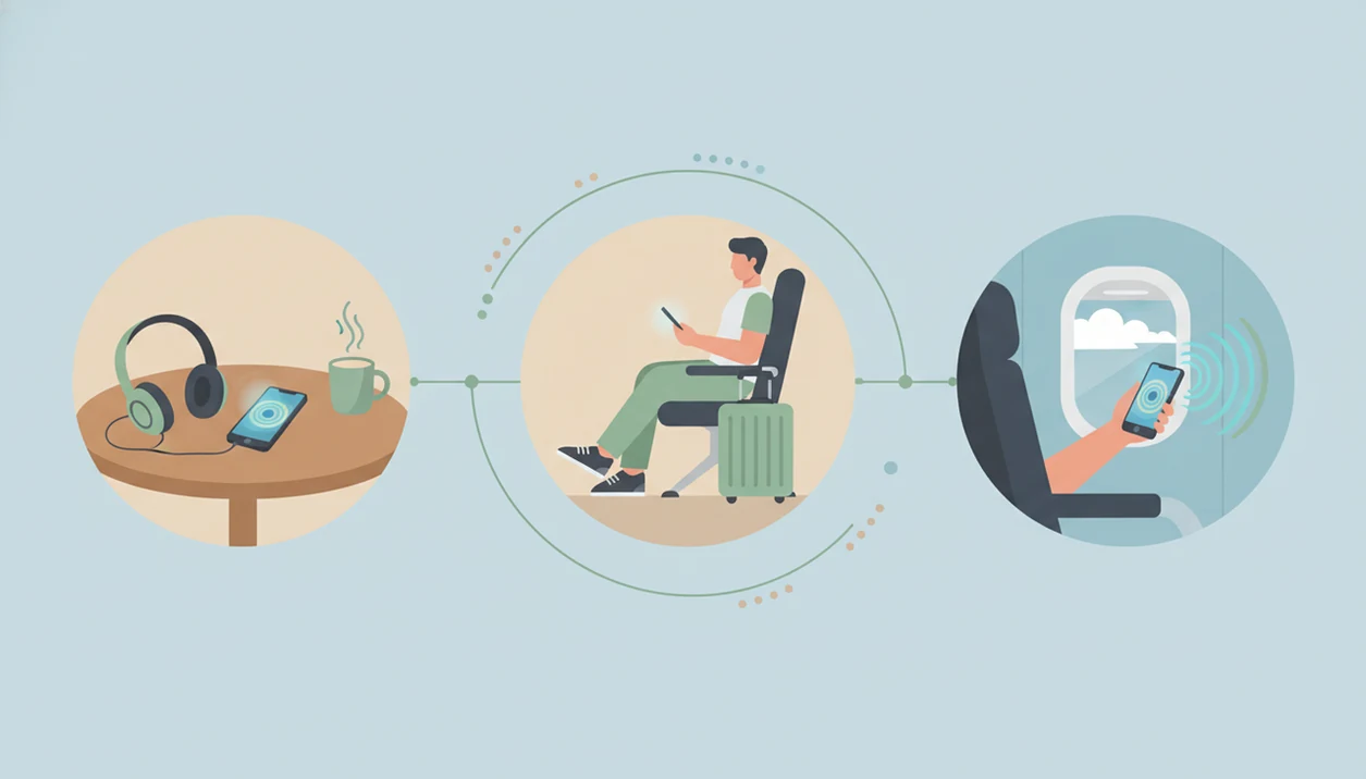 A simple illustration shows home practice, airport preparation, and in-flight calming routines.