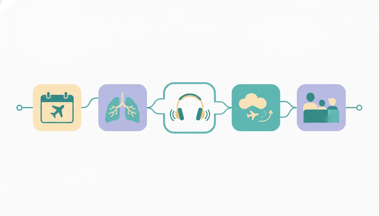 A simple five-part visual routine shows preparation, breathing, audio, turbulence coping, and family support.