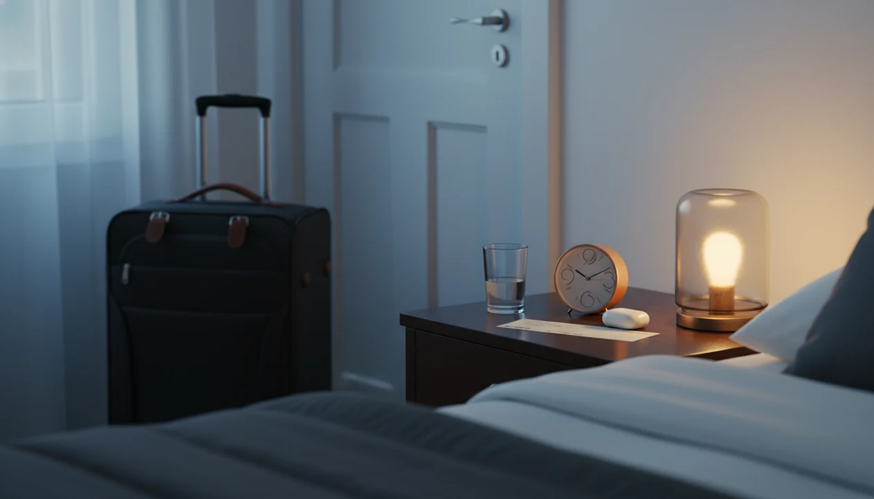 A calm bedroom still life with an alarm clock, earbuds, water, and a packed carry-on before a flight.