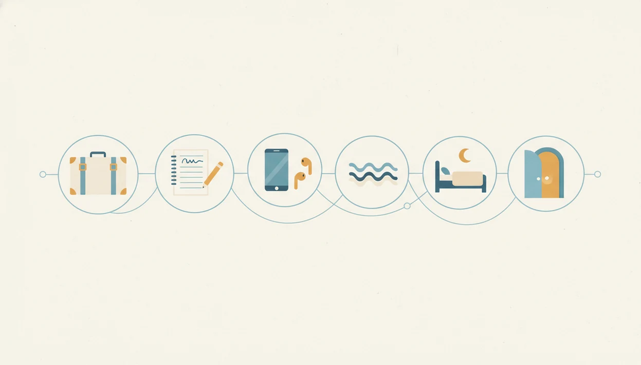 A clean six-step visual routine shows travel planning, worry notes, calming audio, breathing, rest, and reset.