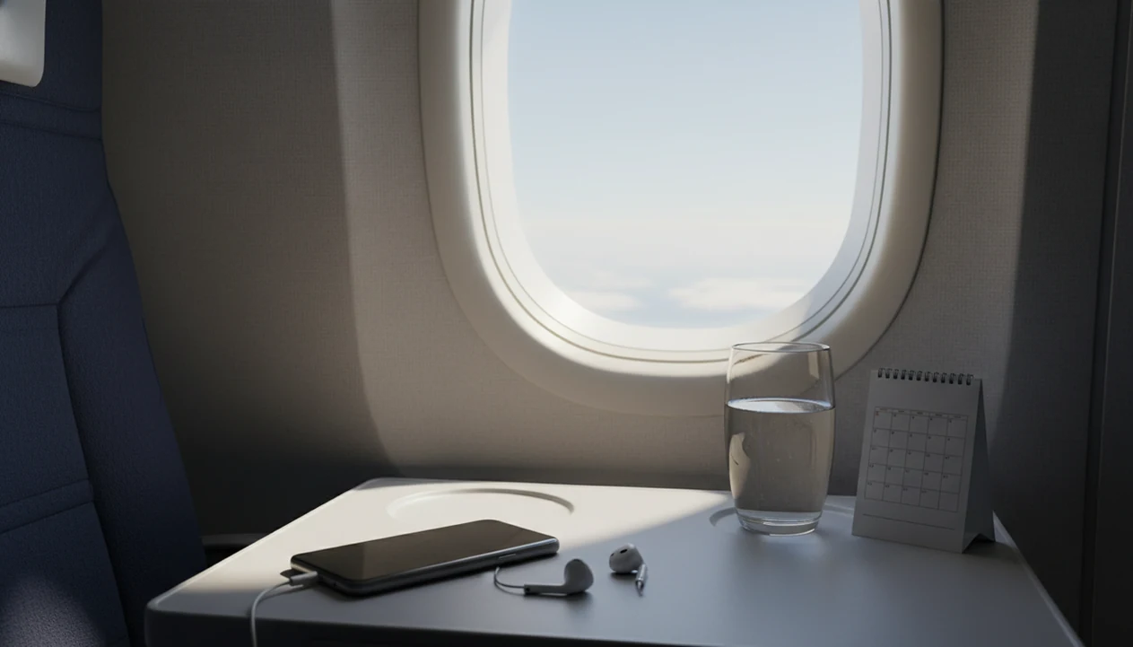 A calm airplane window scene with earbuds, phone, water, and a blank 30-day practice card on the tray table.