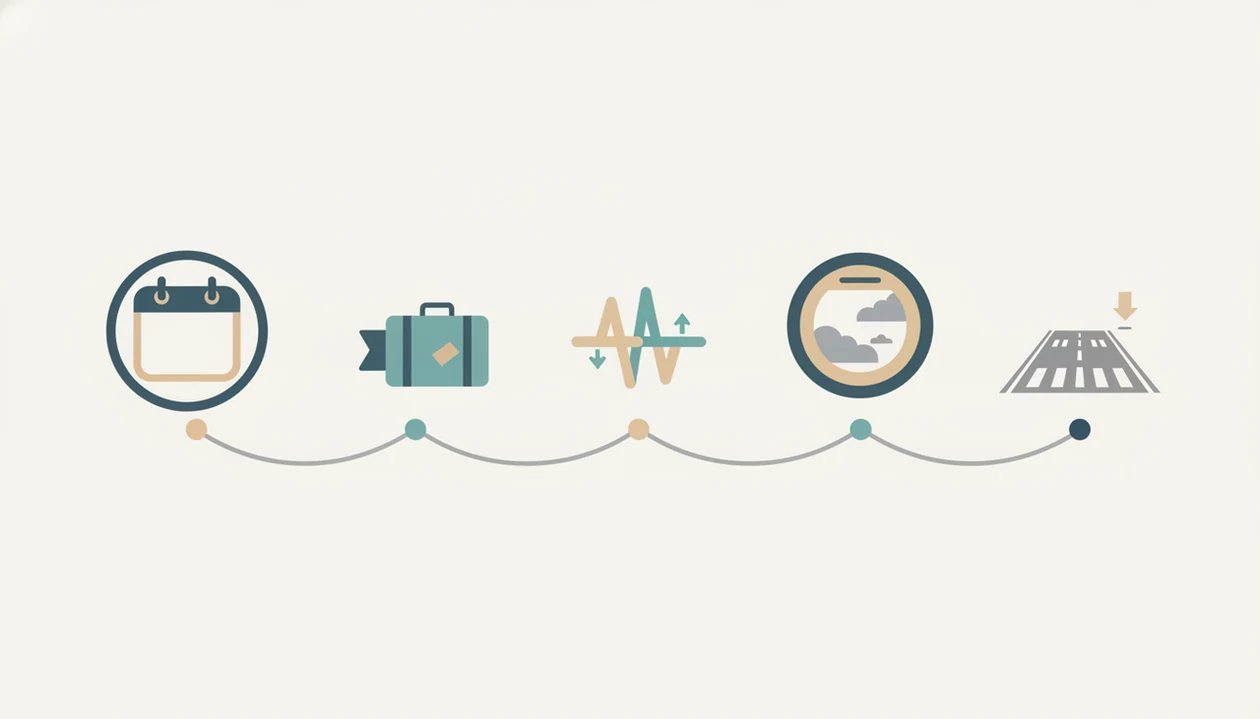 A calm five-step visual path shows preparation, coping, flying, and landing as progress markers.