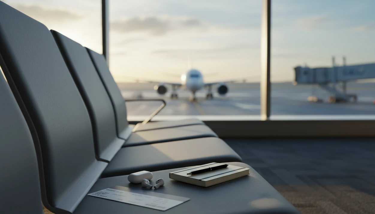 An empty airport gate at sunrise with earbuds, a notebook, and a boarding pass on a seat.