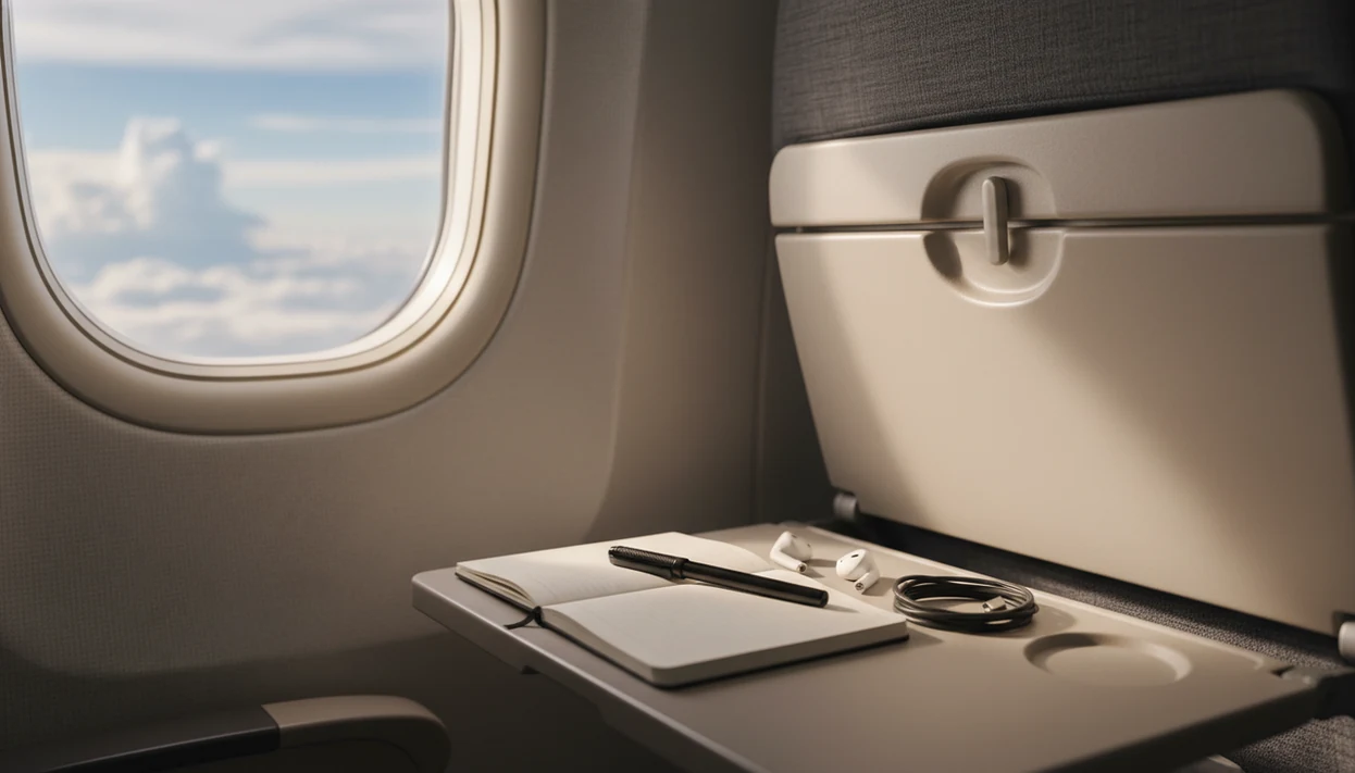 A calm airplane seat area with a sky view, notebook, pen, and earbuds ready for coping practice.