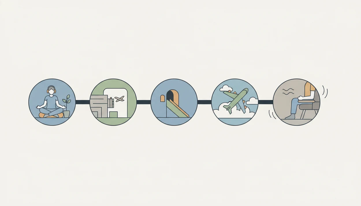 A simple visual coping map shows practice, airport, boarding, takeoff, and grounding steps.