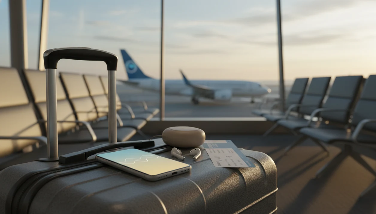 A phone, earbuds, and boarding pass sit by an airport window with a plane blurred in the background.