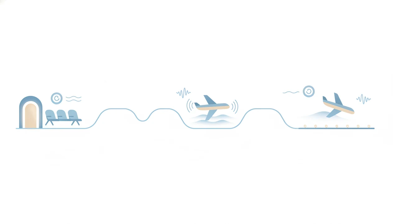 A simple illustrated flight path shows audio cues matched to airport, takeoff, cruise, turbulence, and landing.