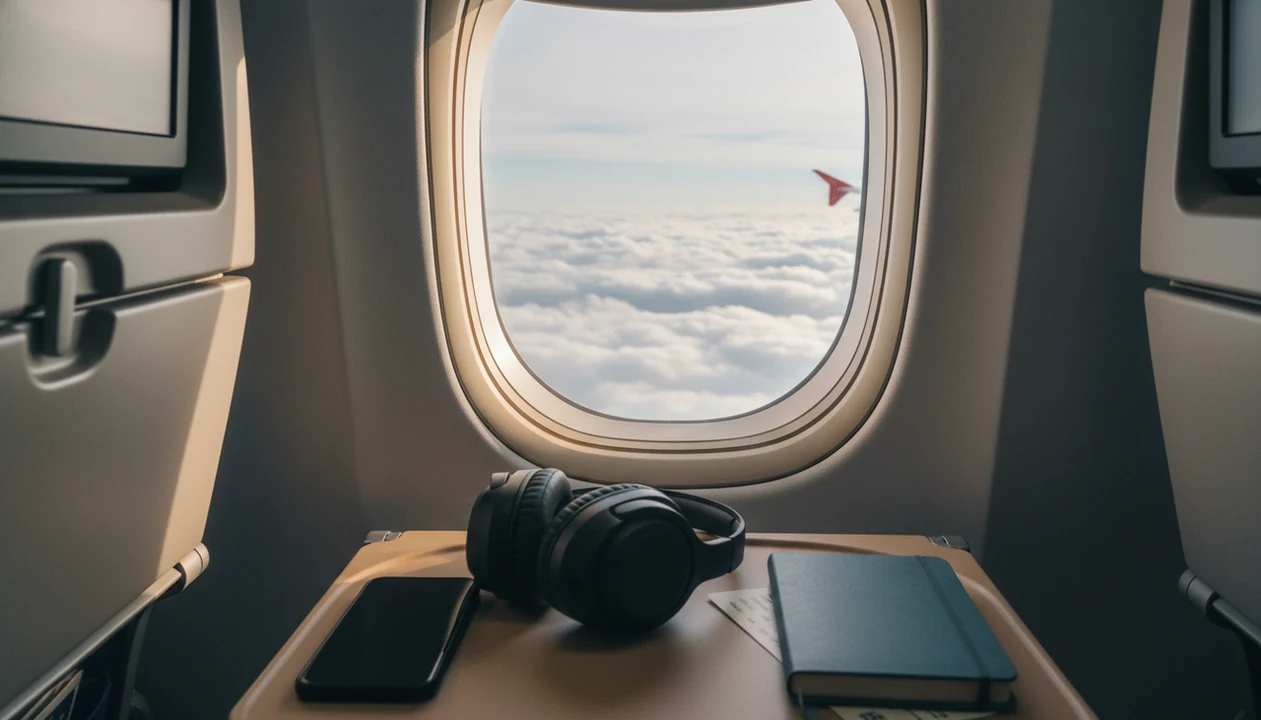 Earbuds and a phone rest on an airplane tray table beside a bright window above the clouds.