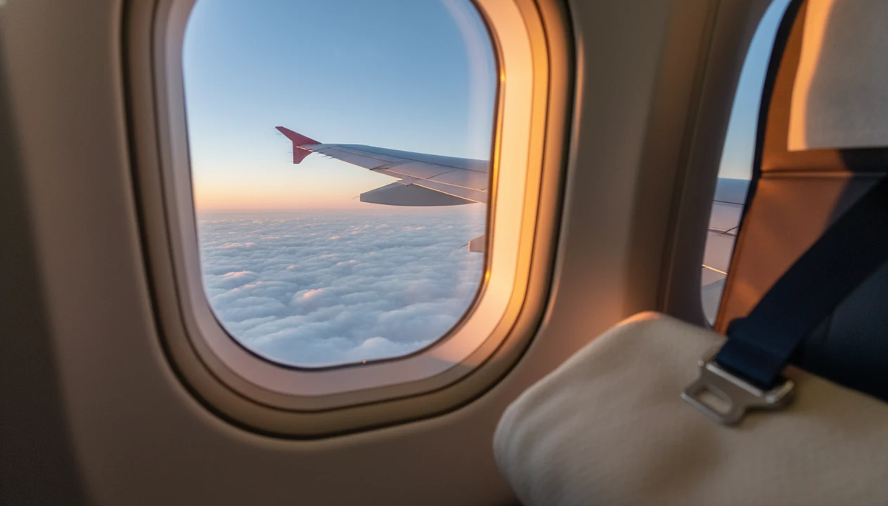 A calm airplane window view shows the wing rising above clouds during a smooth early climb.