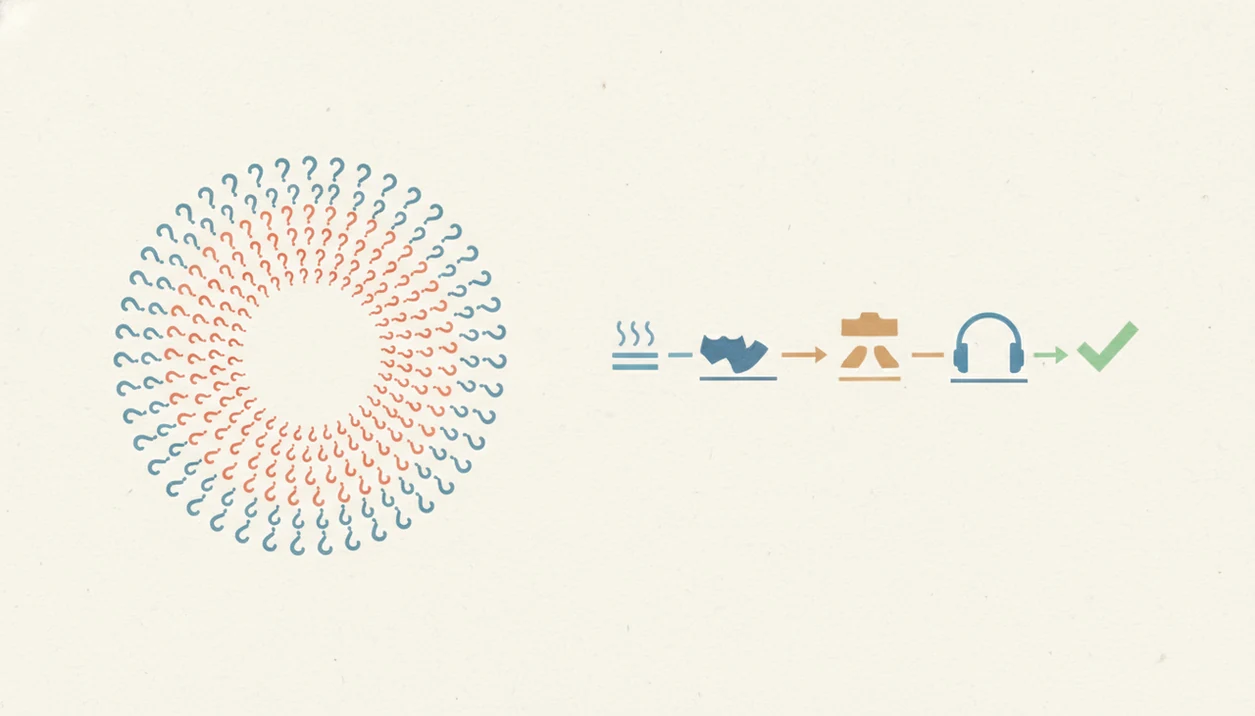 A simple visual contrasts an anxious reassurance loop with a calmer step-by-step coping path.