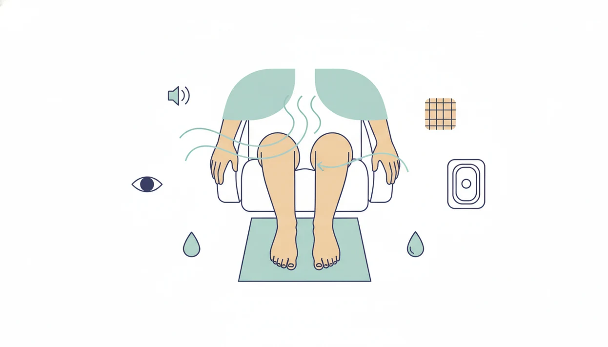 A simple illustration shows feet grounded, hands relaxed, and slow breathing cues in an airplane seat.