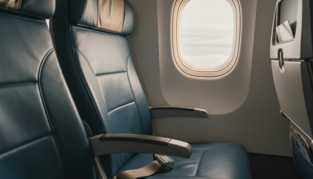 An empty airplane seat with a fastened belt beside a bright window above calm clouds.