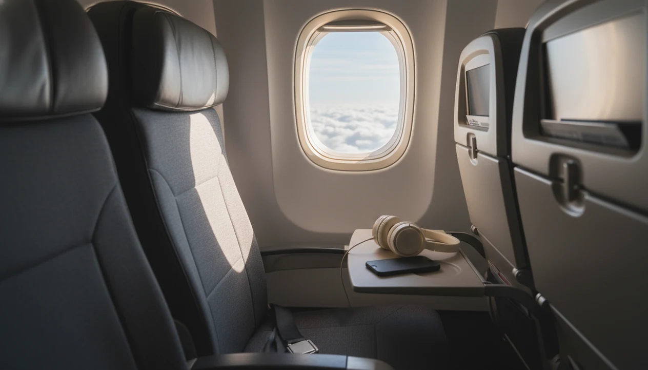 An empty airplane window seat with headphones nearby and a calm sky visible through the window.