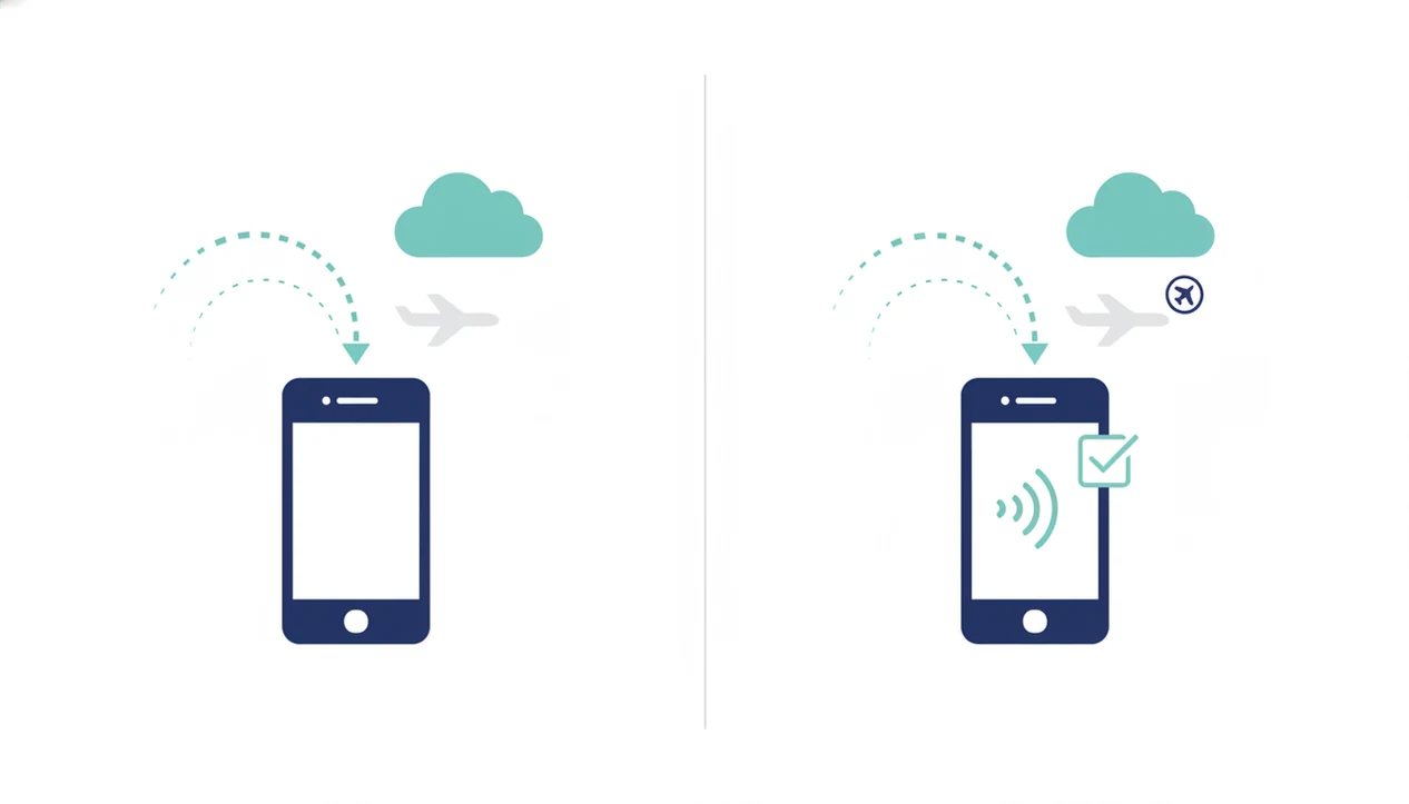 A simple illustration contrasts unstable streaming with locally stored audio on a plane.