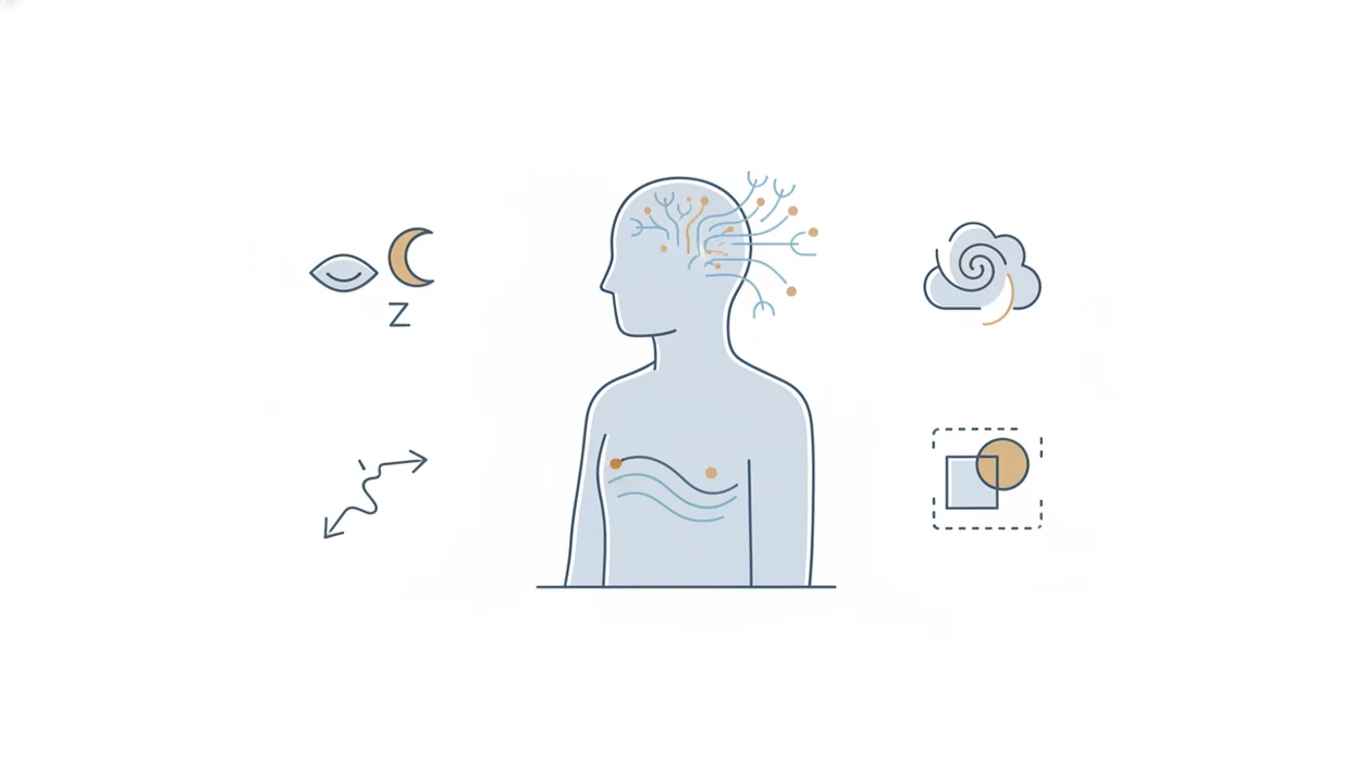 A clean diagram shows sedative effects on the brain and body using muted clinical symbols.