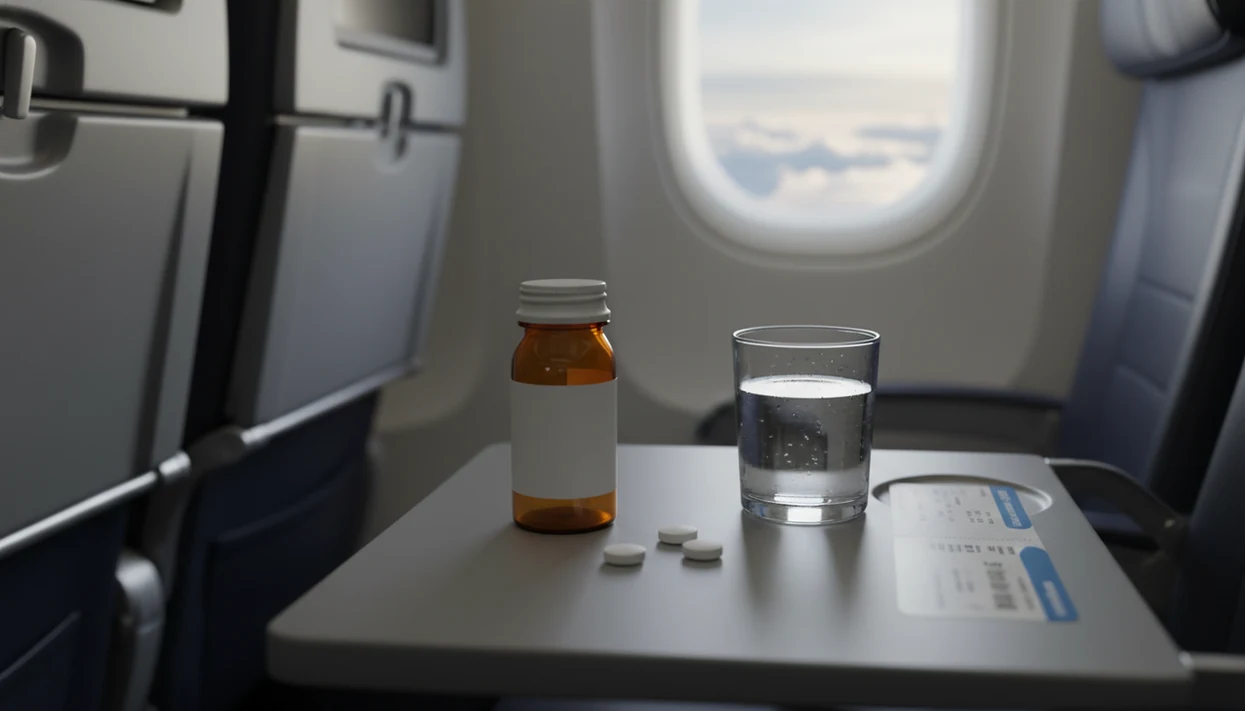 An airplane tray table holds an unlabeled prescription bottle, tablets, water, and a blurred boarding pass.