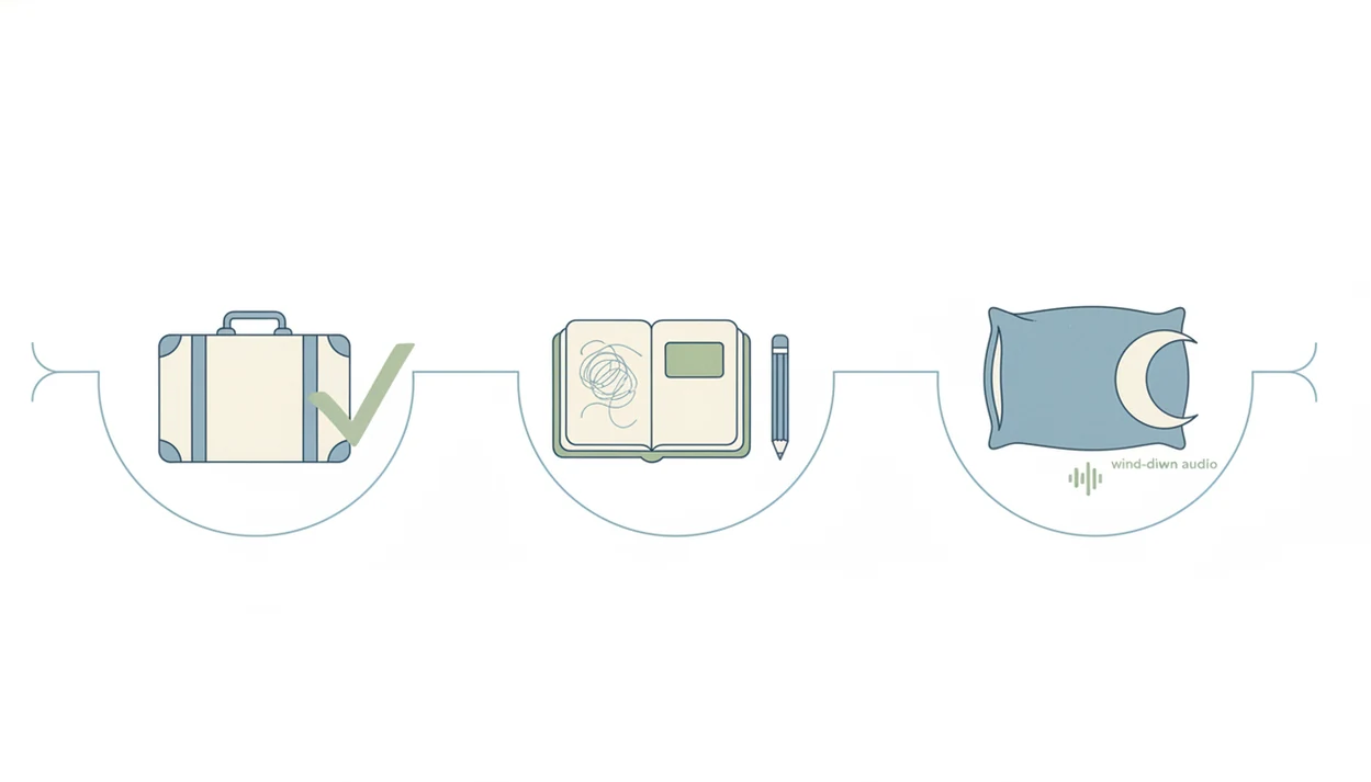 A simple illustrated routine shows packing complete, worries written down, and a calm bedtime wind-down sequence.