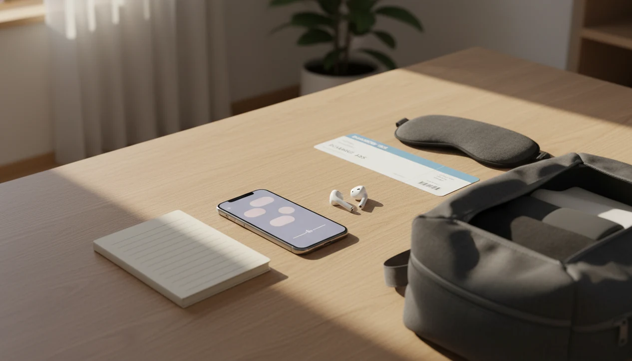 A calm travel planning flat lay shows a phone, earbuds, notebook, eye mask, and carry-on on a table.