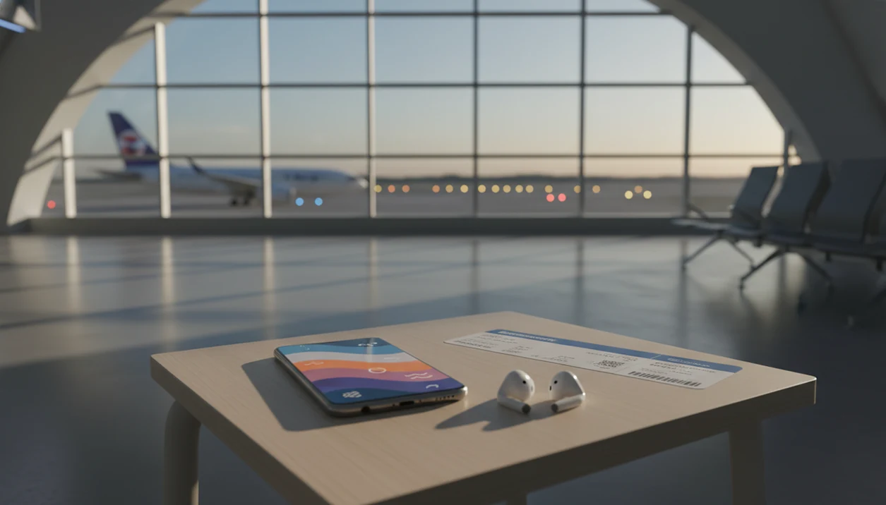A phone, earbuds, and unreadable boarding pass sit at an airport window with a plane blurred outside.