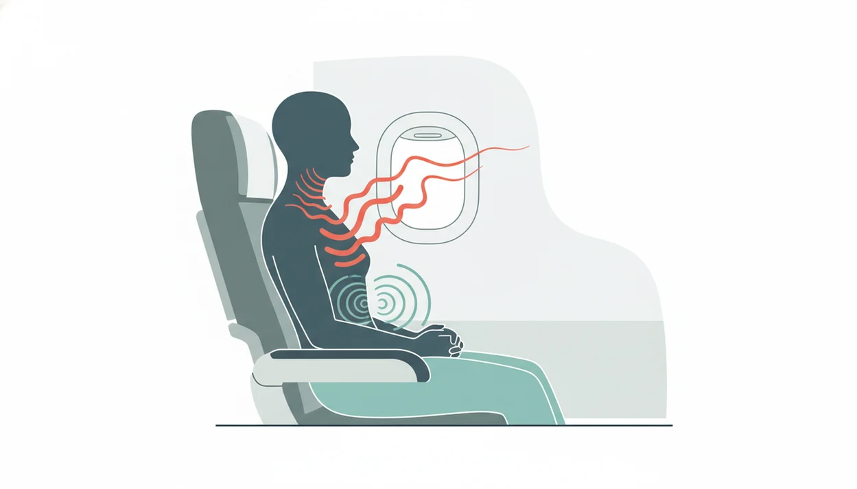 An abstract diagram shows breathing and grounding waves calming the body in an airplane seat.